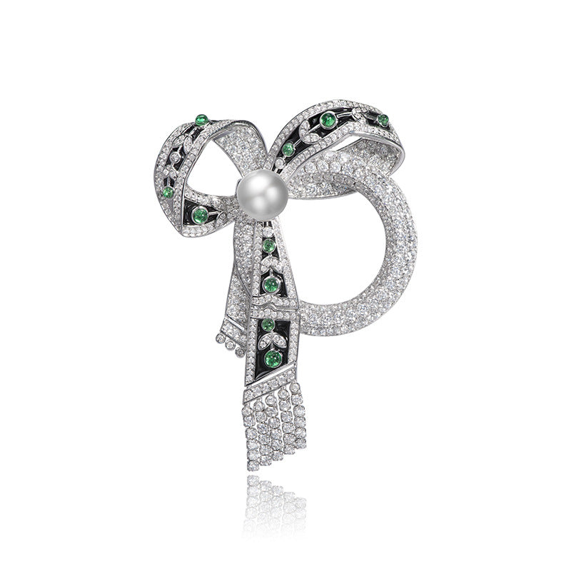 Christmas Collection Glamour Diamante Bow Pearl Enamel 925 Sterling Silver  Brooch