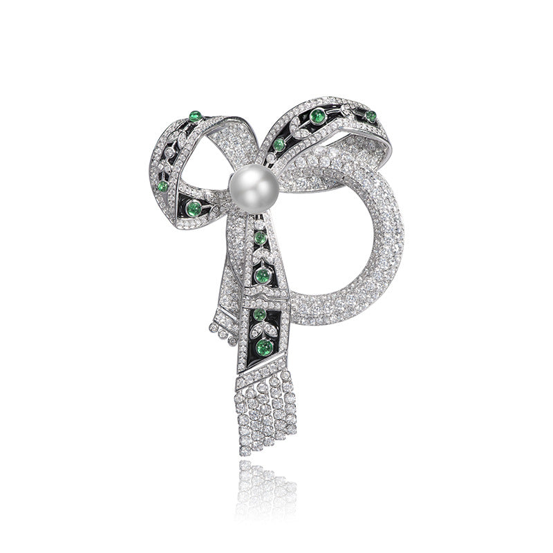 Christmas Collection Glamour Diamante Bow Pearl Enamel 925 Sterling Silver Brooch