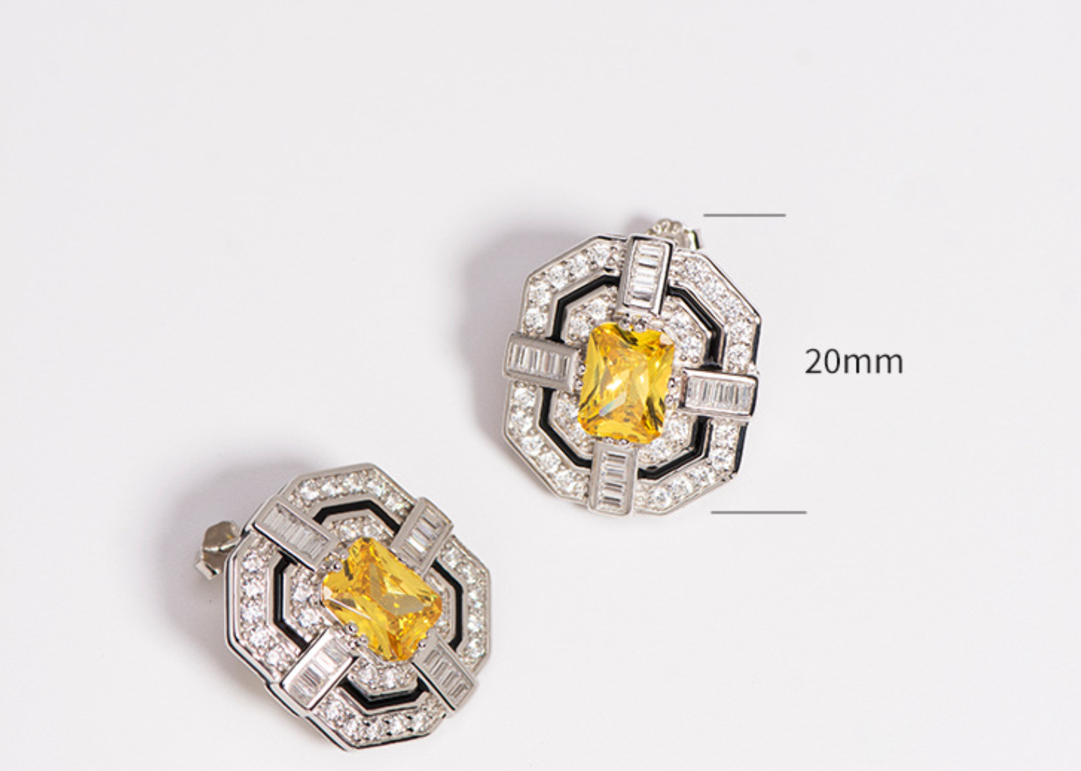 Classic Yellow and Colourless Zircon Square 925 Sterling Silver Stud Earrings/ Clip Earrings