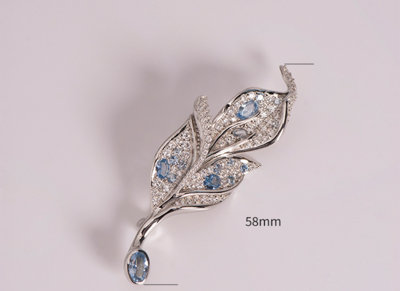 Handcrafted Blue Spinel Diamante Leaf Shape 925 Sterling Silver Brooch