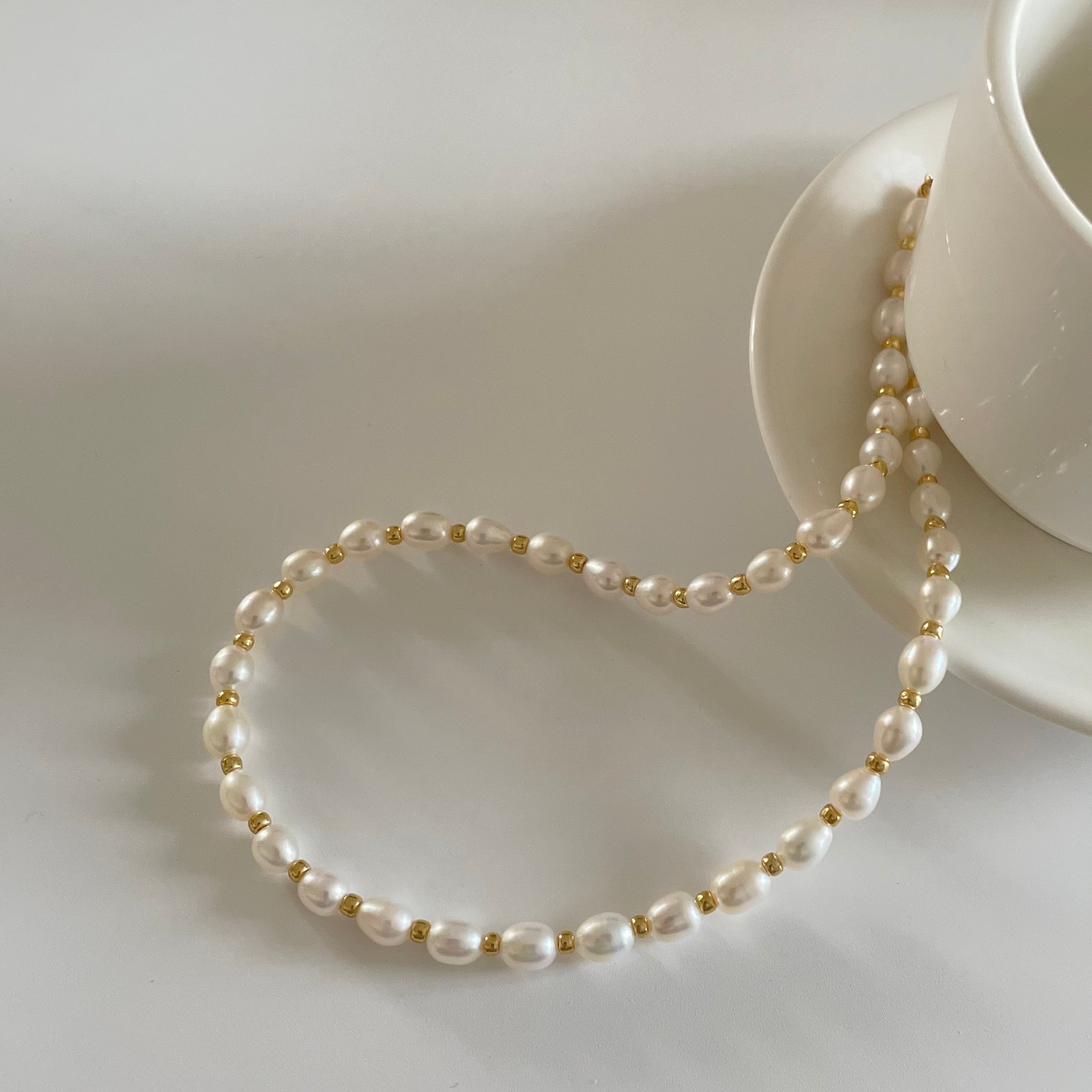 Elegant Rice Shape Pearl Beads Necklace with 14K Gold-Filled Accents - Natural Freshwater Pearls for a Luxurious Touch