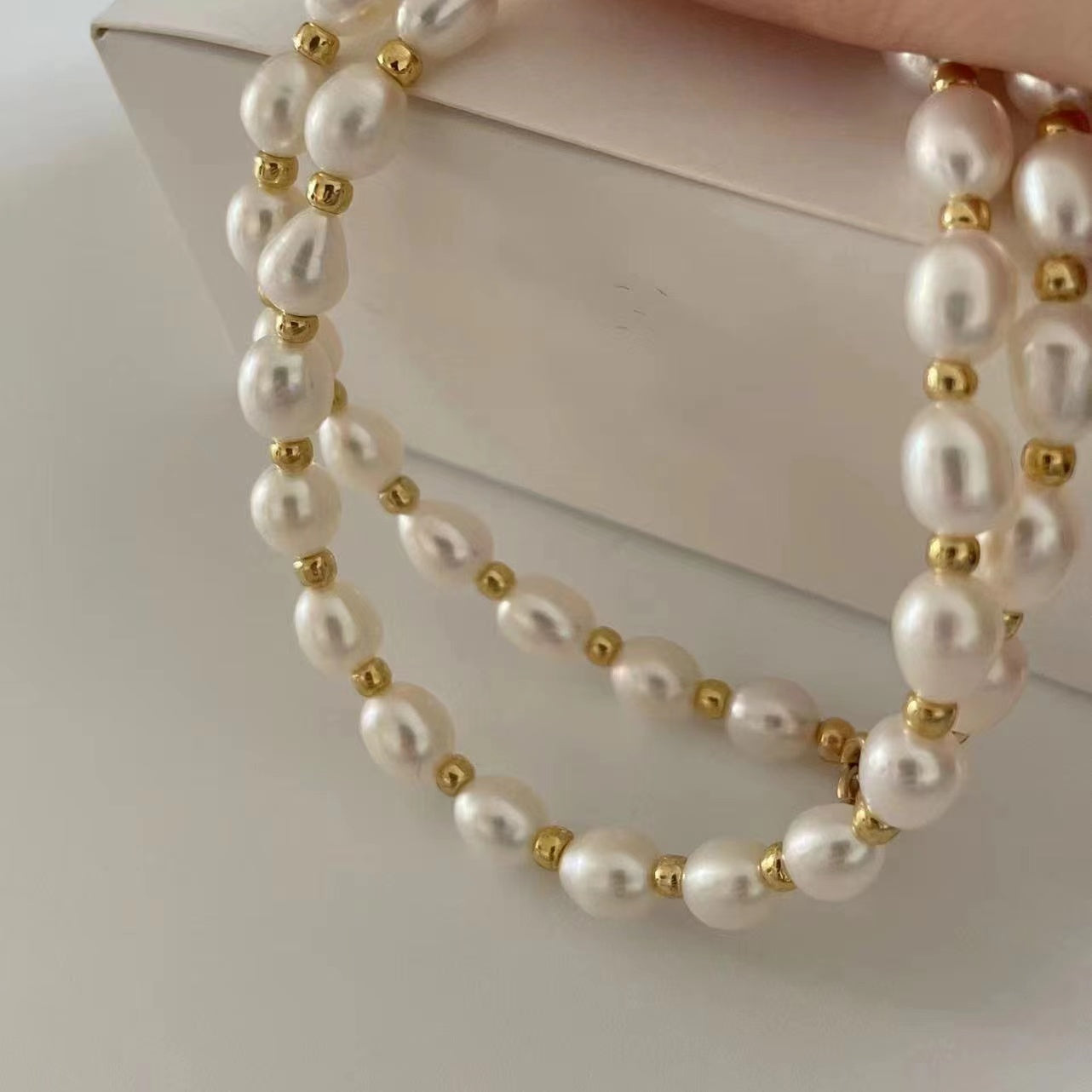 Elegant Rice Shape Pearl Beads Necklace with 14K Gold-Filled Accents - Natural Freshwater Pearls for a Luxurious Touch