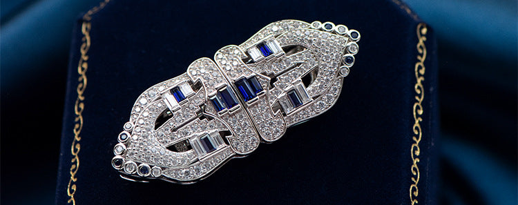 Art Deco Blue Corundum Diamante 925 Sterling Silver Brooch and Collar Pins Duo