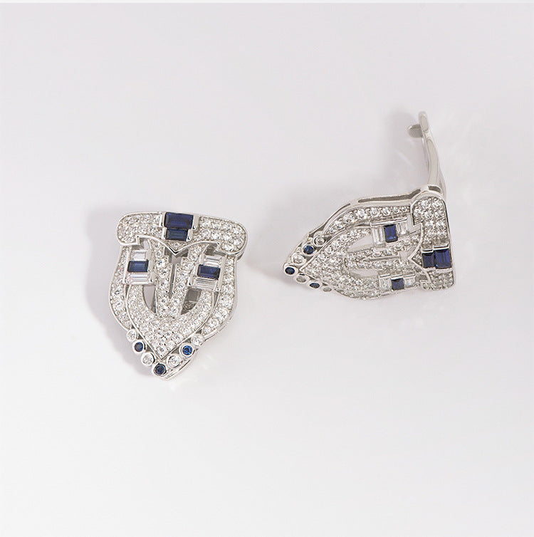 Art Deco Blue Corundum Diamante 925 Sterling Silver Brooch and Collar Pins Duo