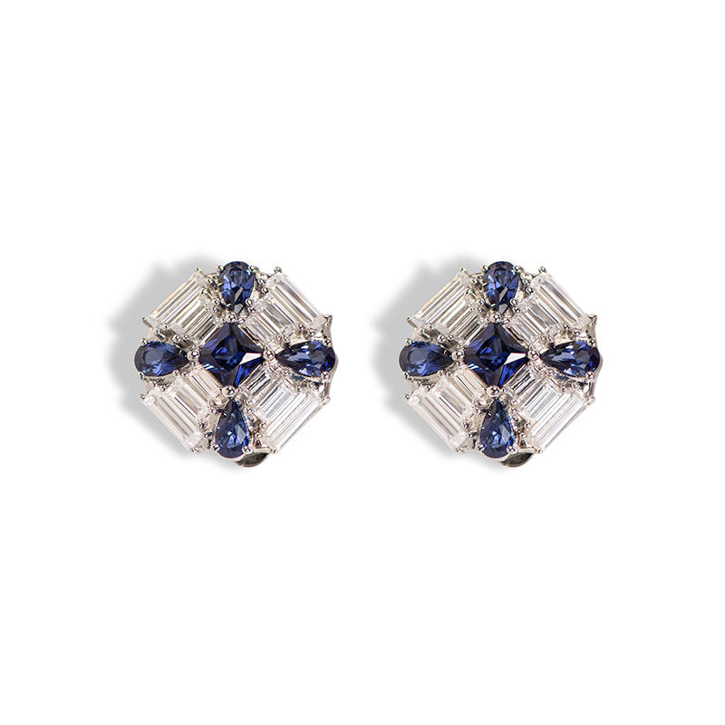 Timless Blue Corundum Diamante 925 Sterling Silver Stud Earrings/ Earring Clips