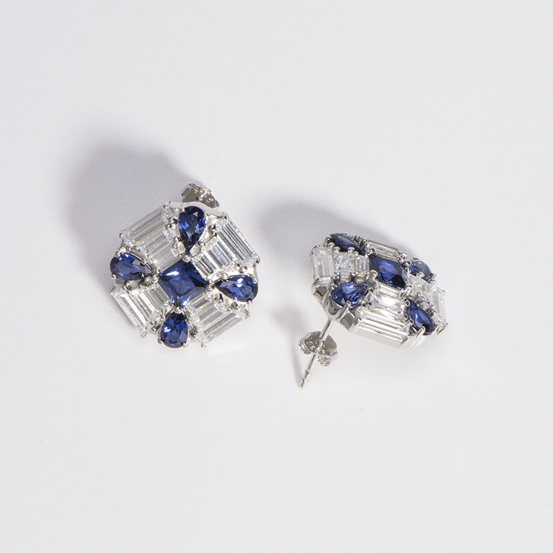 Timless Blue Corundum Diamante 925 Sterling Silver Stud Earrings/ Earring Clips