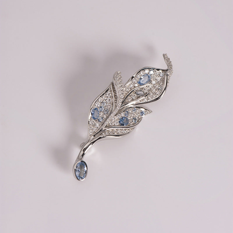 Handcrafted Blue Spinel Diamante Leaf Shape 925 Sterling Silver Brooch