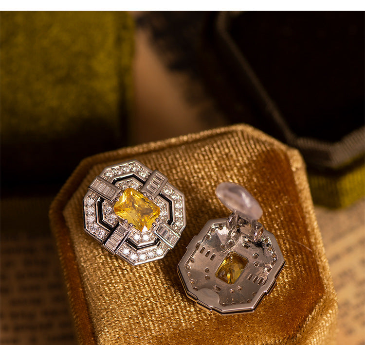 Classic Yellow and Colourless Zircon Square 925 Sterling Silver Stud Earrings/ Clip Earrings