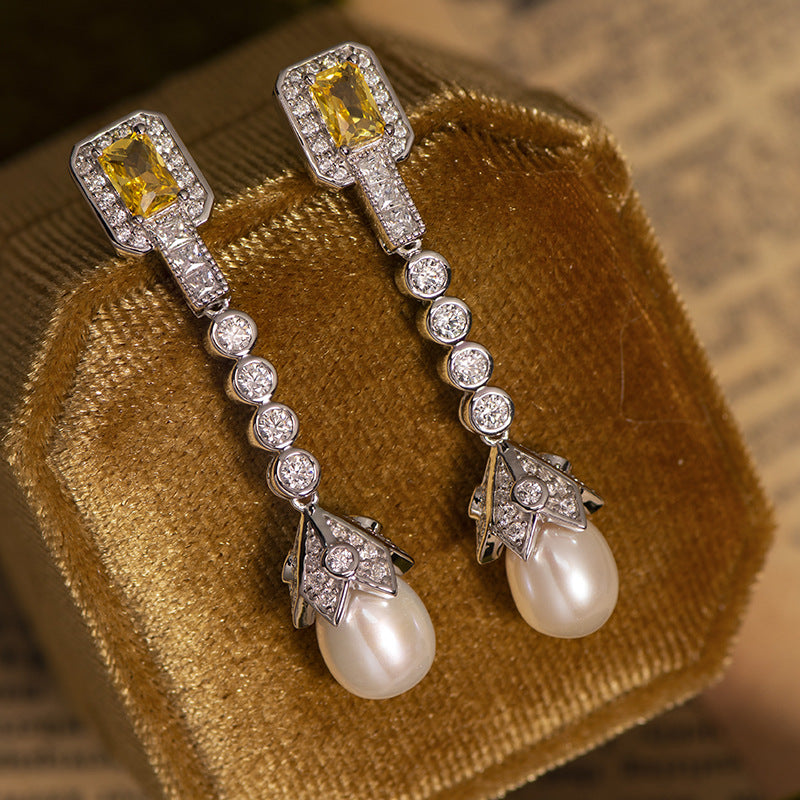 CLASSIC Yellow Diamante Pearl 925 Sterling Silver Stud Earrings