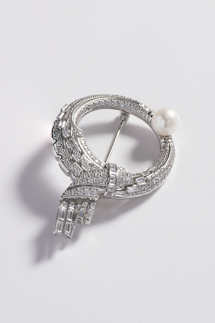 Glamour Diamante Knot Pearl 925 Sterling Silver Brooch