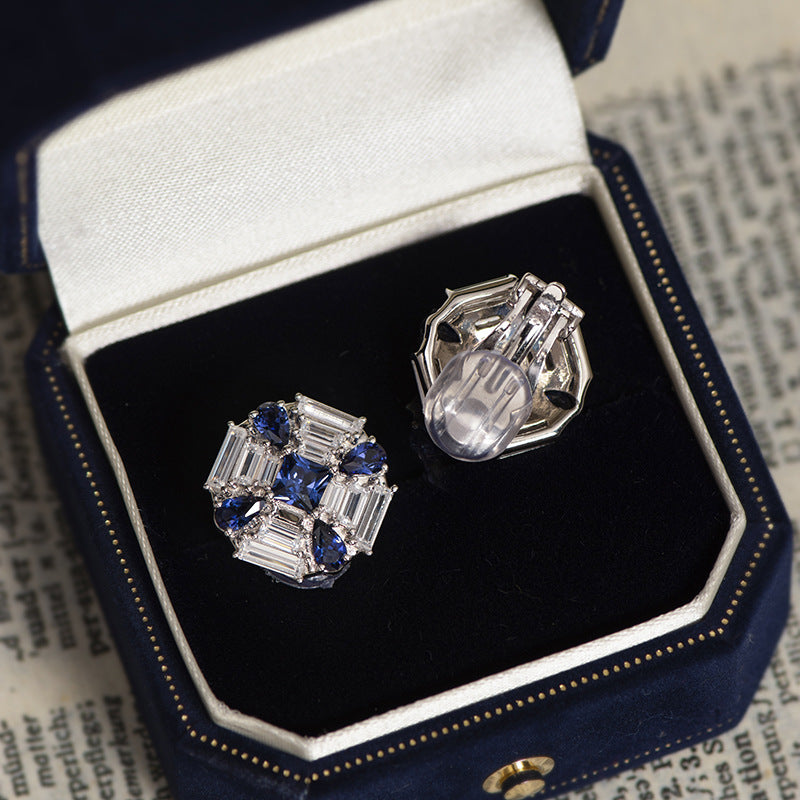 Timless Blue Corundum Diamante 925 Sterling Silver Stud Earrings/ Earring Clips