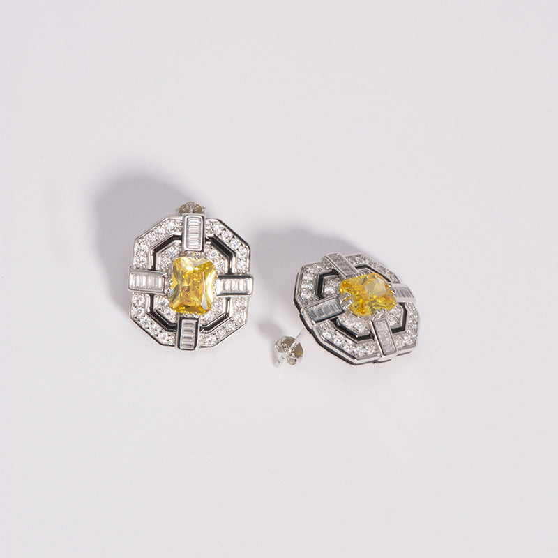 Classic Yellow and Colourless Zircon Square 925 Sterling Silver Stud Earrings/ Clip Earrings