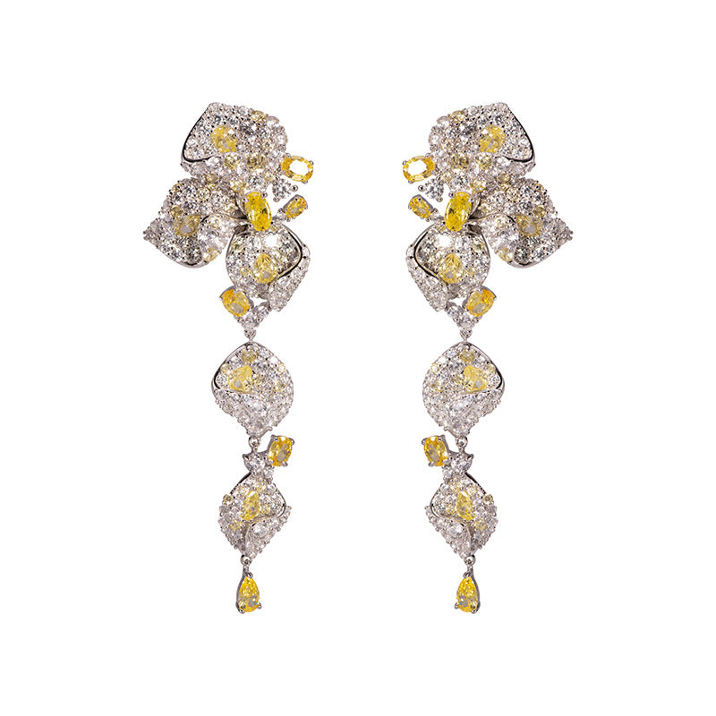 Elegant Yellow Diamante 3D Floral 925 Sterling Silver Earrings