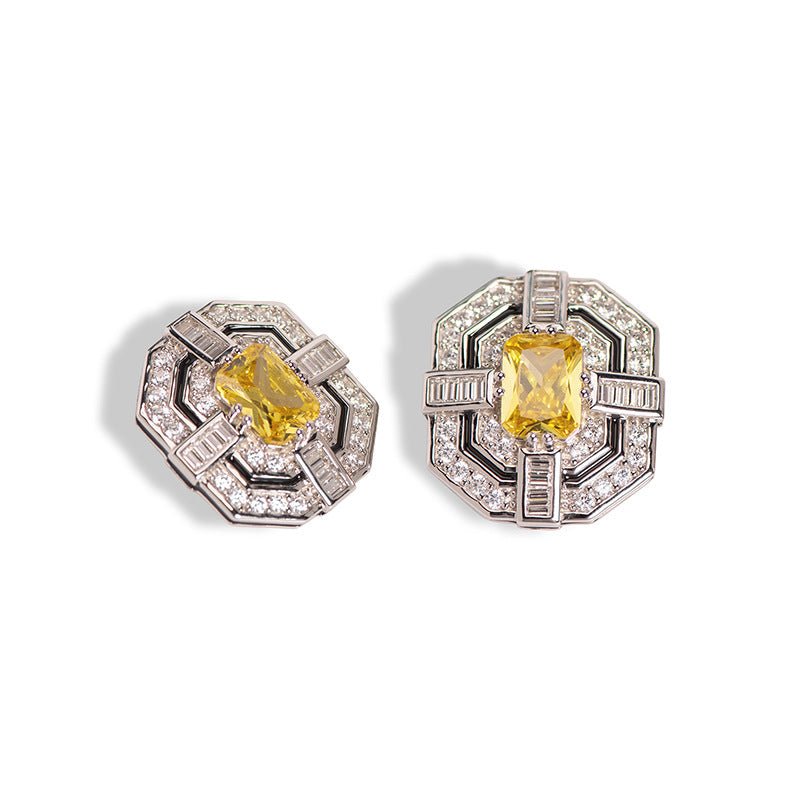 Classic Yellow and Colourless Zircon Square 925 Sterling Silver Stud Earrings/ Clip Earrings