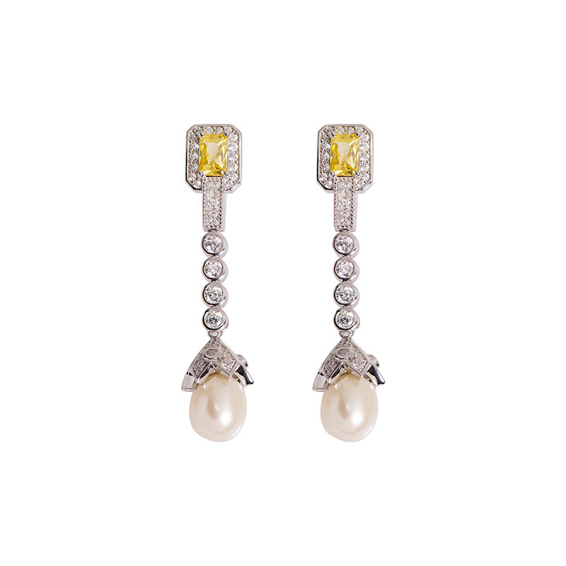 CLASSIC Yellow Diamante Pearl 925 Sterling Silver Stud Earrings