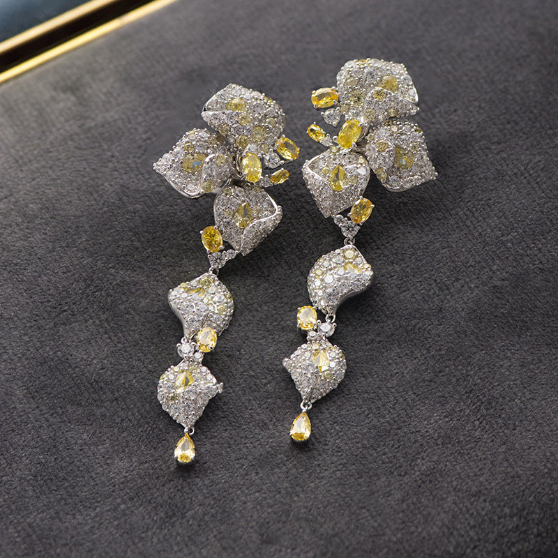 Elegant Yellow Diamante 3D Floral 925 Sterling Silver Earrings