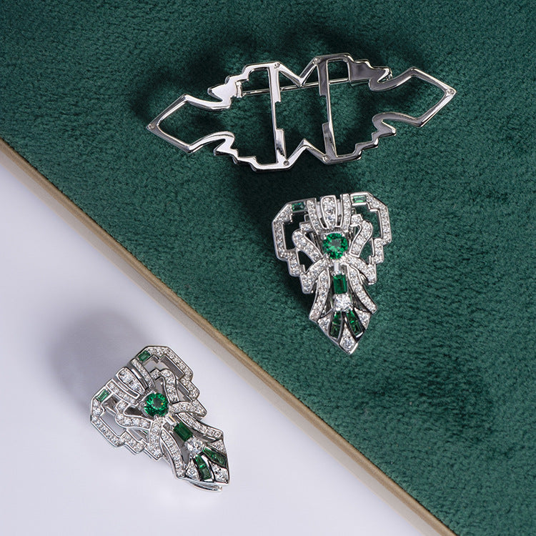 Vintage Green Spinel Stone Diamante 925 Sterling Silver Brooch and Collar Pins Duo