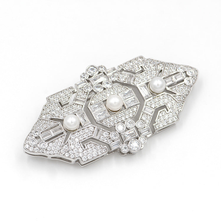 Victorian Vintage Pearl Diamante 925 Sterling Silver Brooch