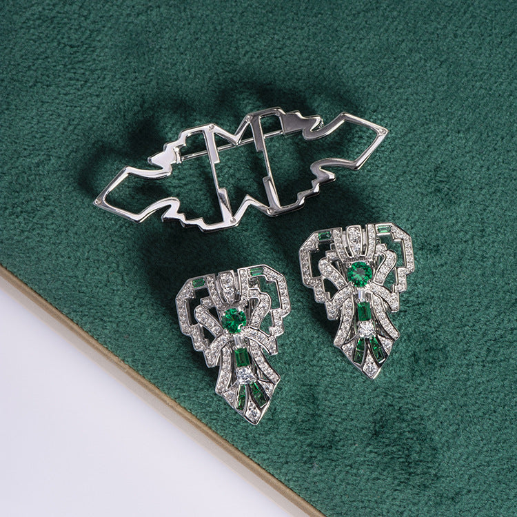 Vintage Green Spinel Stone Diamante 925 Sterling Silver Brooch and Collar Pins Duo