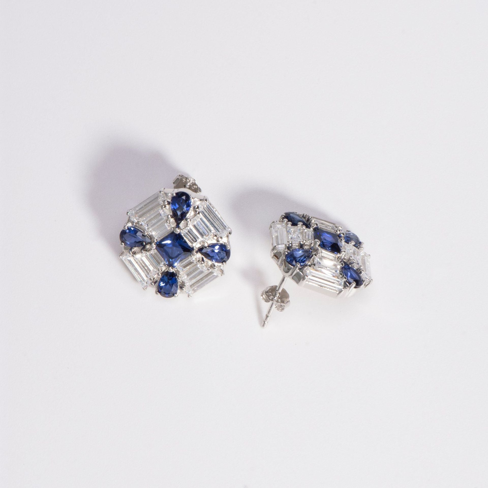 Timless Blue Corundum Diamante 925 Sterling Silver Stud Earrings/ Earring Clips