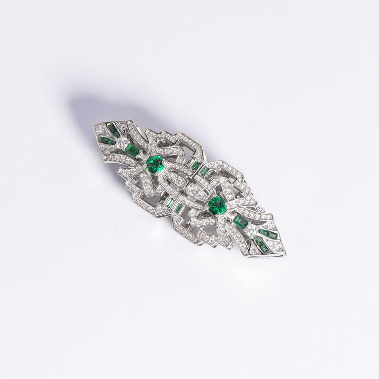 Vintage Green Spinel Stone Diamante 925 Sterling Silver Brooch and Collar Pins Duo