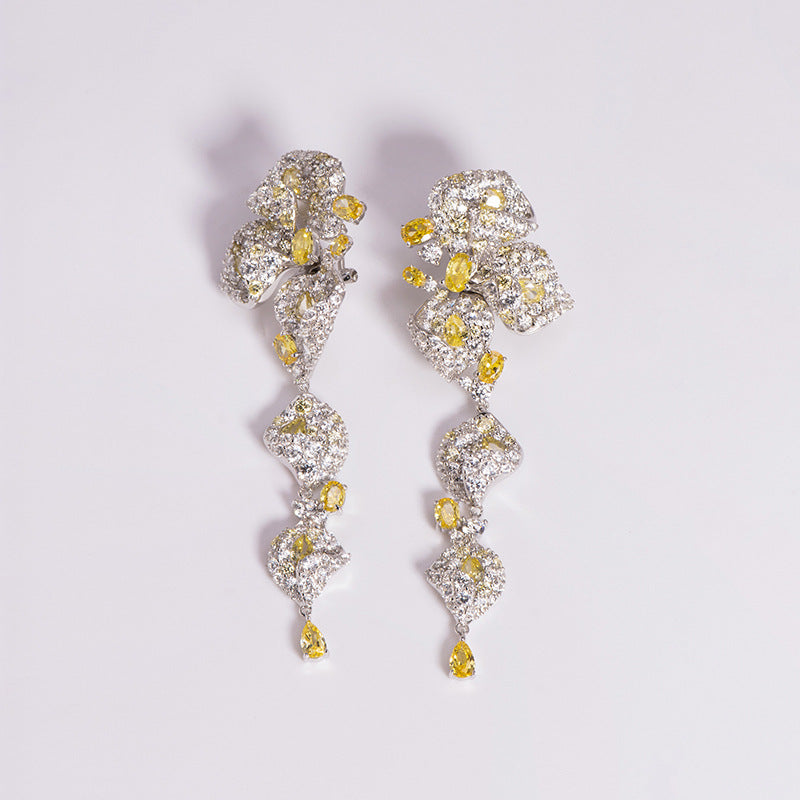 Elegant Yellow Diamante 3D Floral 925 Sterling Silver Earrings