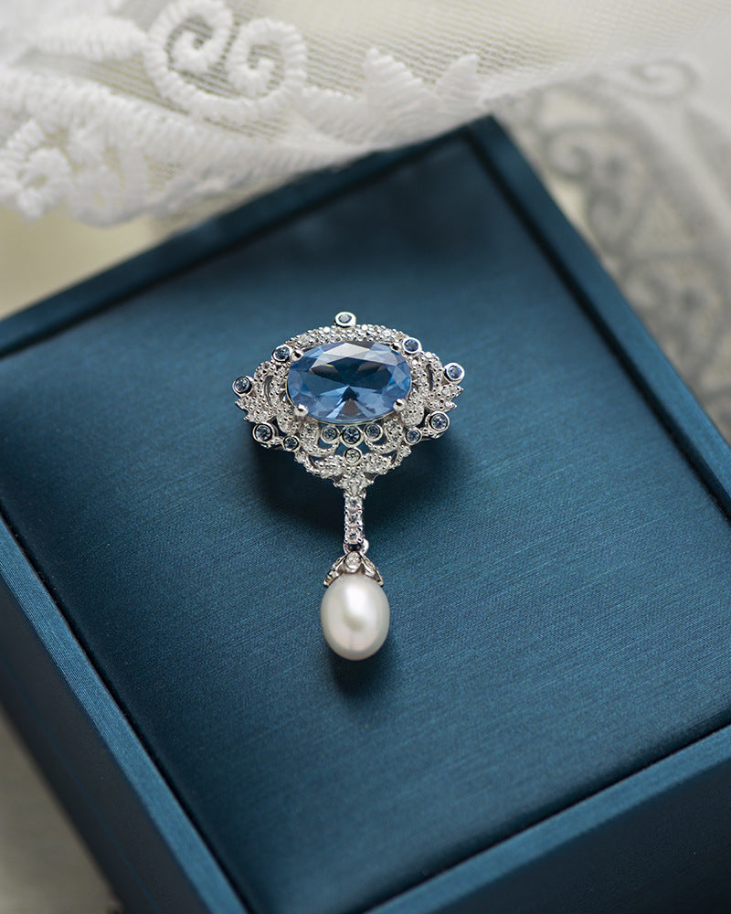 Vintage Blue Spinel Diamante Pearl 925 Sterling Silver Brooch