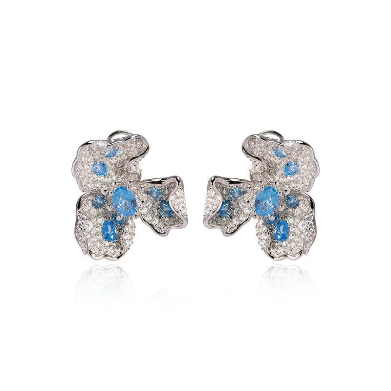 Blue Diamante Floral 925 Sterling Silver Earrings