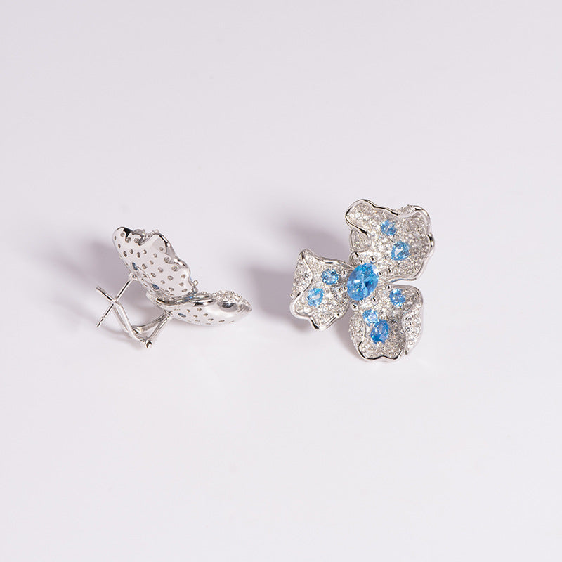 Blue Diamante Floral 925 Sterling Silver Earrings