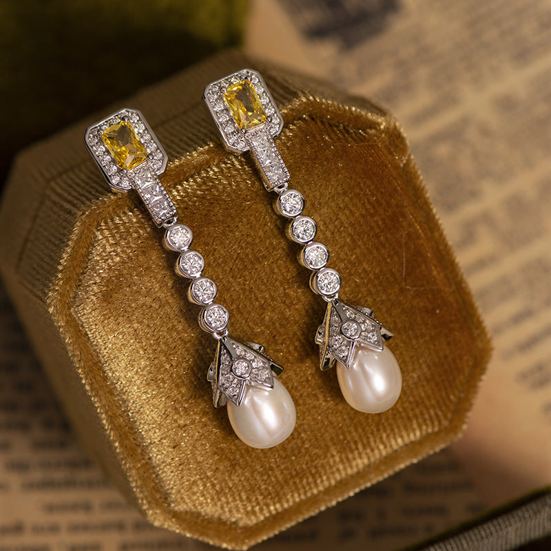 CLASSIC Yellow Diamante Pearl 925 Sterling Silver Stud Earrings